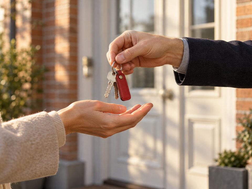 Schlüsselübergabe vor der Haustür eines gepflegten Mehrfamilienhauses (KI-generiertes Bild)